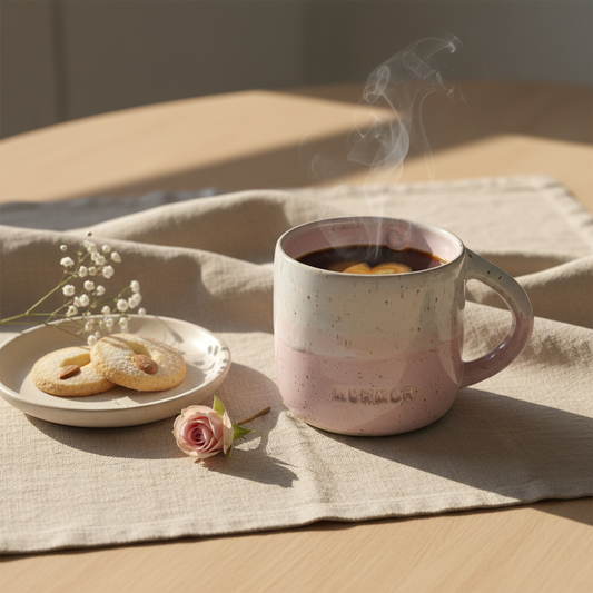 Stylet håndlavet krus med hank i lyserød glasur - Mormor