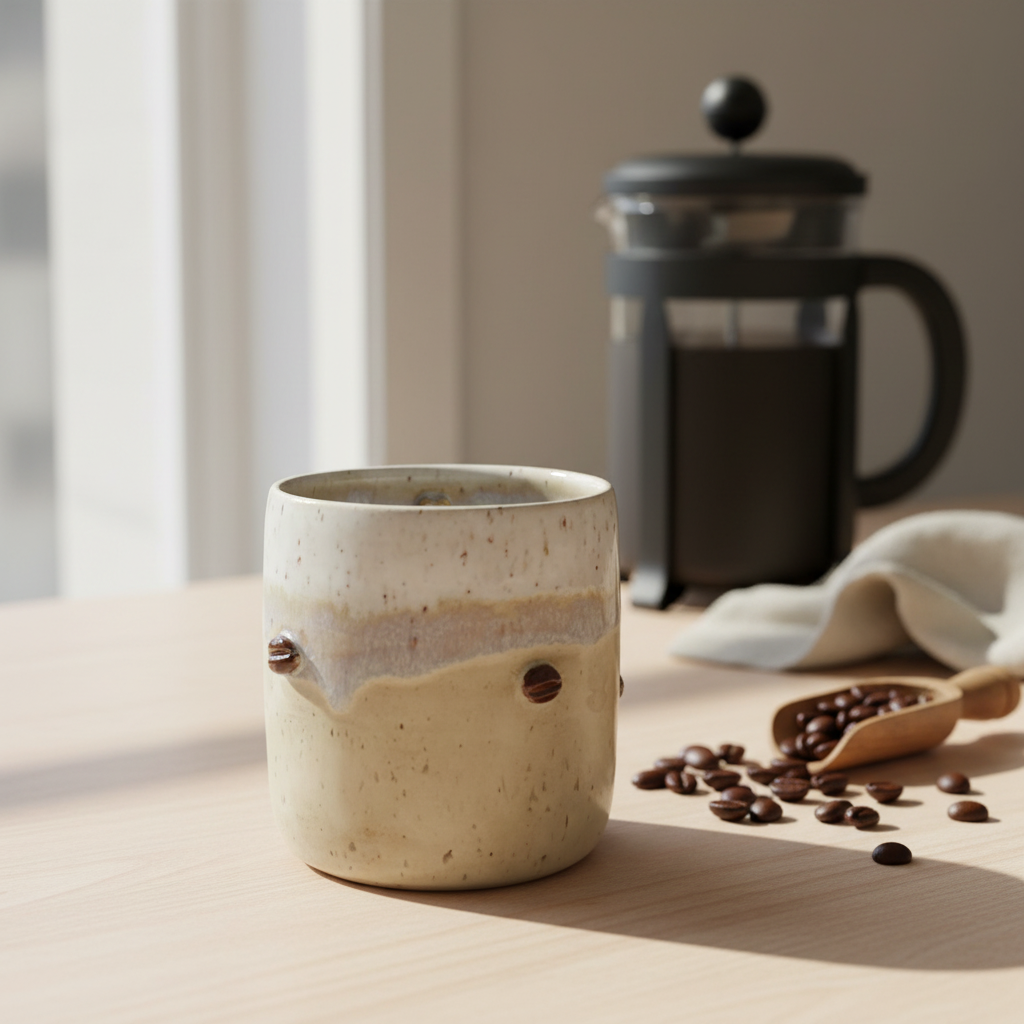 Stylet håndlavet krus med kaffebønne-teksturer i kaffescene