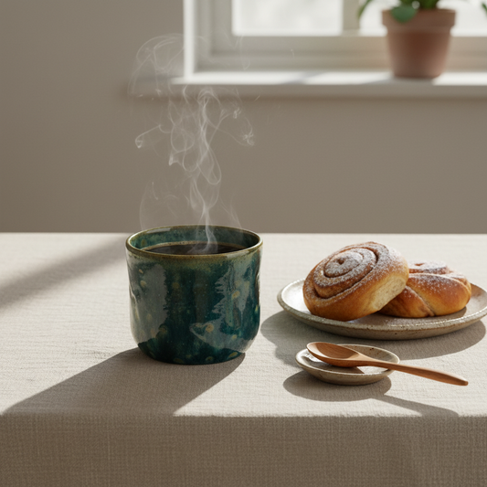 Stylet håndlavet krus uden hank i flaskegrøn