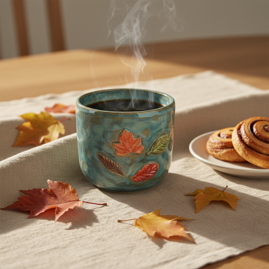 Stylet håndlavet krus uden hank med efterårs blade motiv