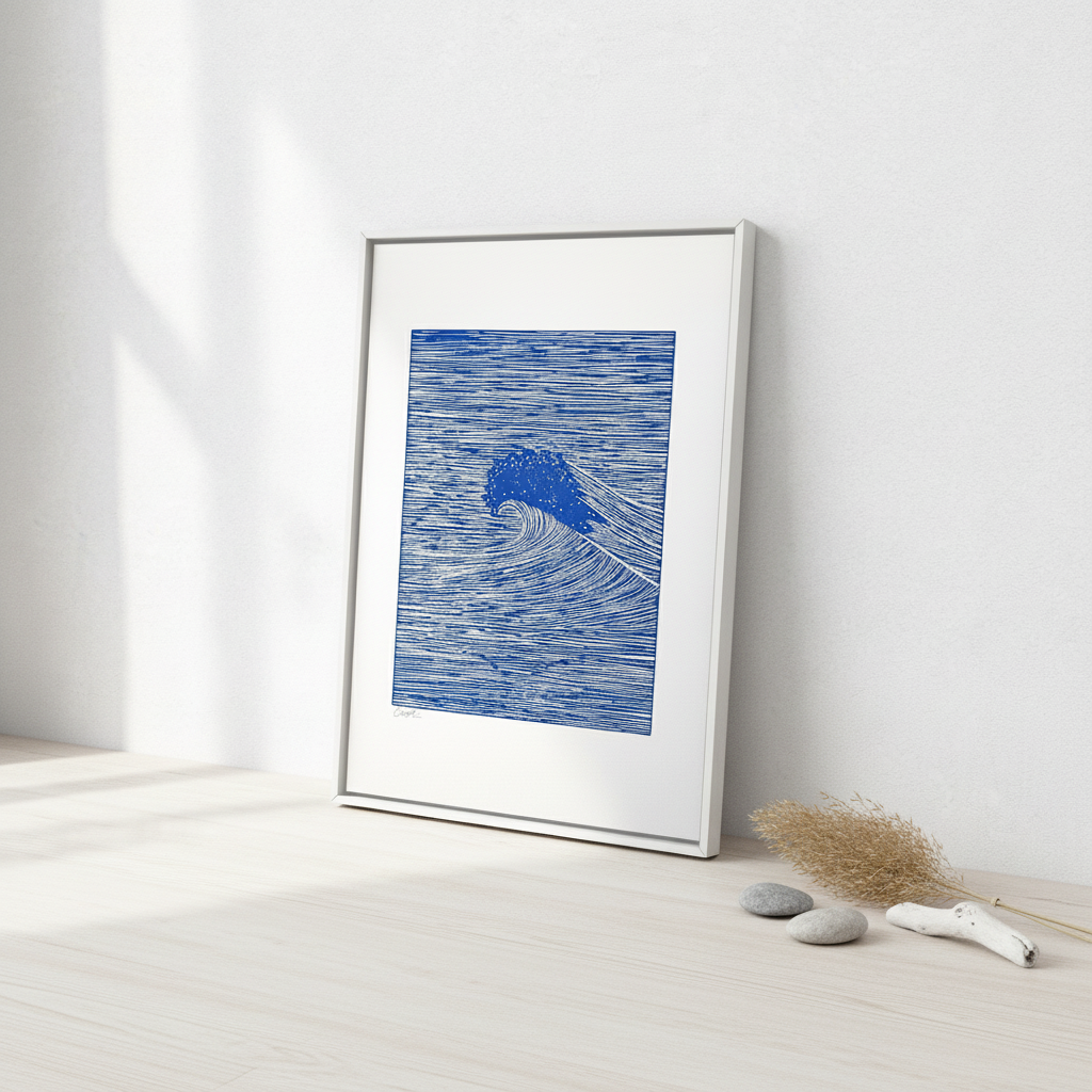 Stylet håndlavet linoleumstryk Wave of the Ocean A4