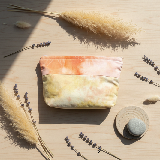 Stylet håndlavet patchwork-pung i rosa og gule nuancer