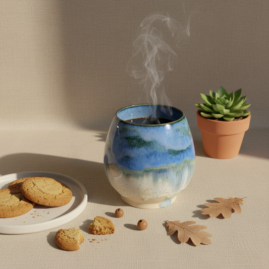 Stylet håndlavet tumbler krus i blå/hvid