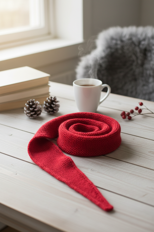 Stylet håndstrikket smalt tørklæde i rød akryl