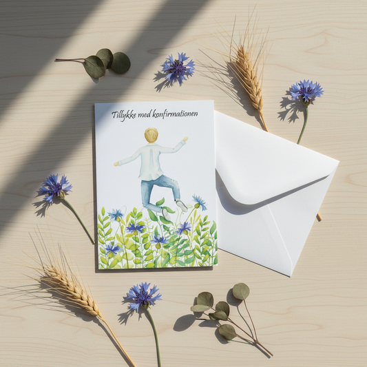 Stylet håndtegnet konfirmationskort til dreng i nordisk scene