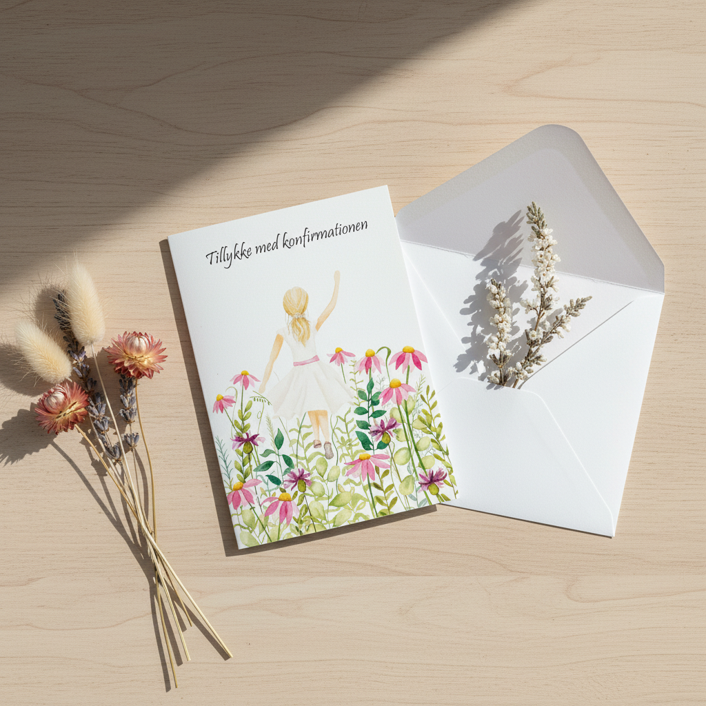 Stylet håndtegnet konfirmationskort til pige i nordisk scene