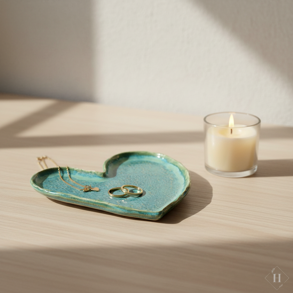 Stylet hjertformet keramikfad i blågrøn glasur