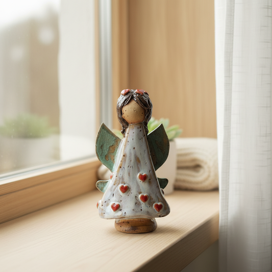 Stylet hvid keramikengel med hjerter i rolig scene