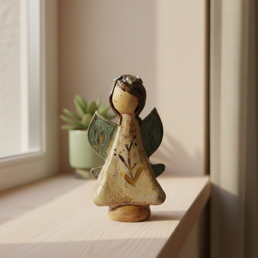 Stylet keramikengel i lattefarve med guldblomst