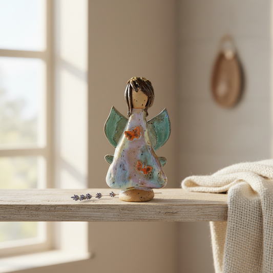 Stylet keramikengel i pastel lilla med sommerfugle