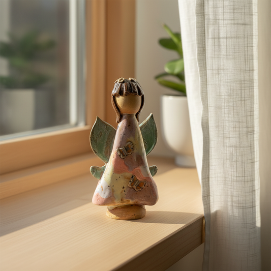 Stylet keramikengel i pastel lyserød med sommerfugle