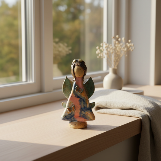 Stylet keramikengel med lyserøde og blå sommerfugle