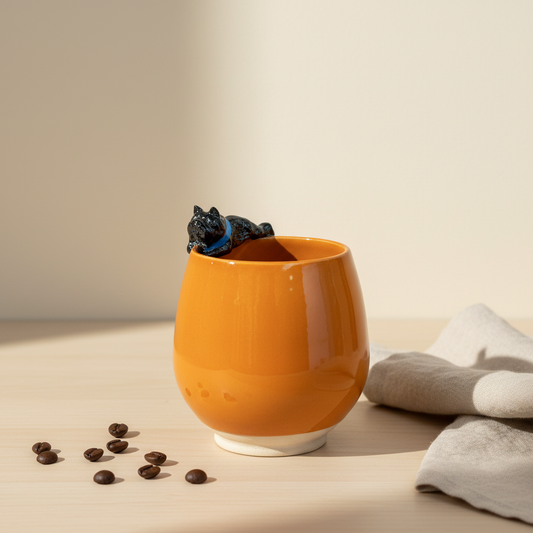 Stylet kop uden hank med hund i brændt orange