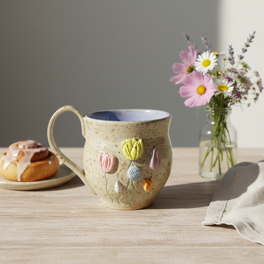 Stylet krus med blomstermotiv i nordisk scene