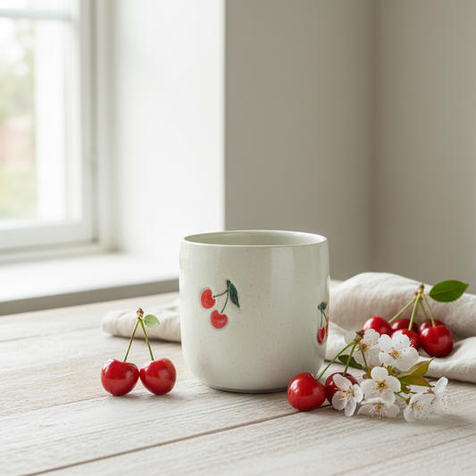 Stylet krus med kirsebær i sommerlig nordisk scene