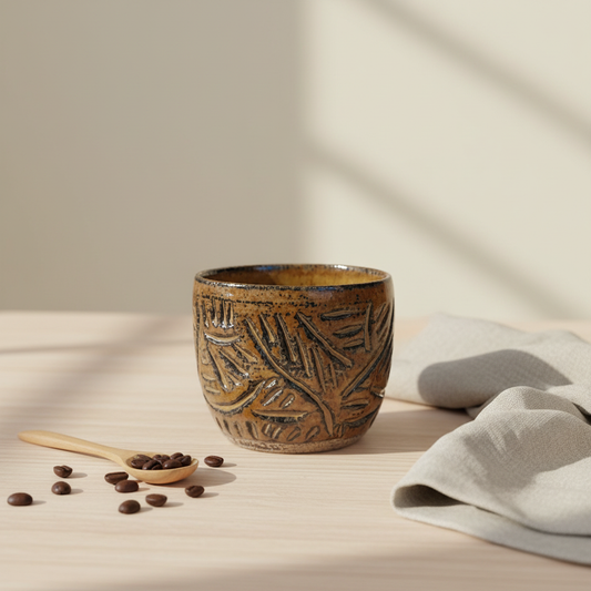 Stylet krus uden hank i retro brun