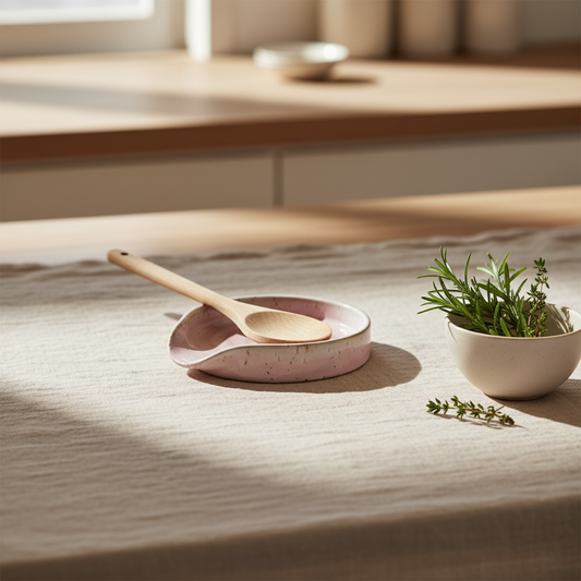 Stylet lyserød keramik spoon rest i nordisk køkkenscene
