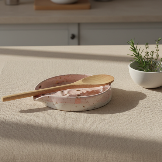 Stylet lyserød keramik spoon rest med brune nister i nordisk køkkenscene