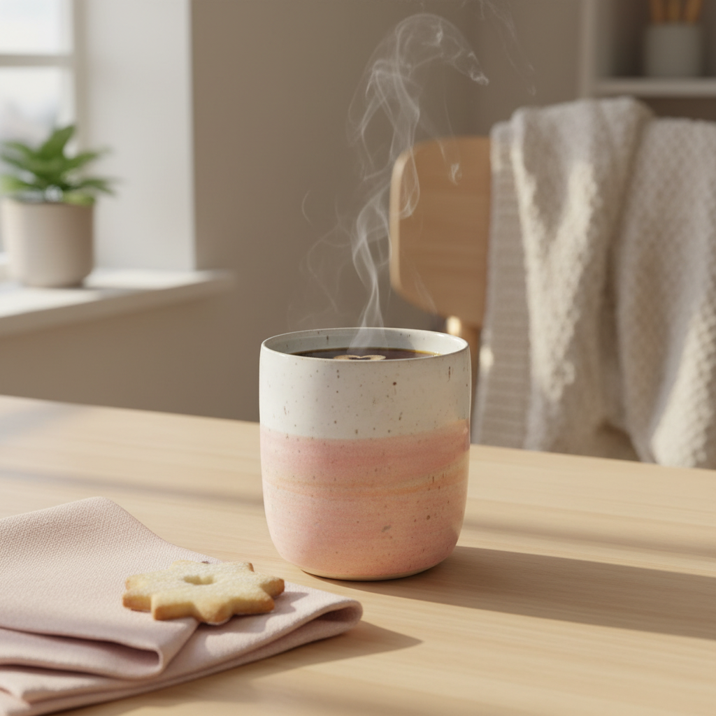 Stylet lyserødt håndlavet krus i hyggelig morgenscene