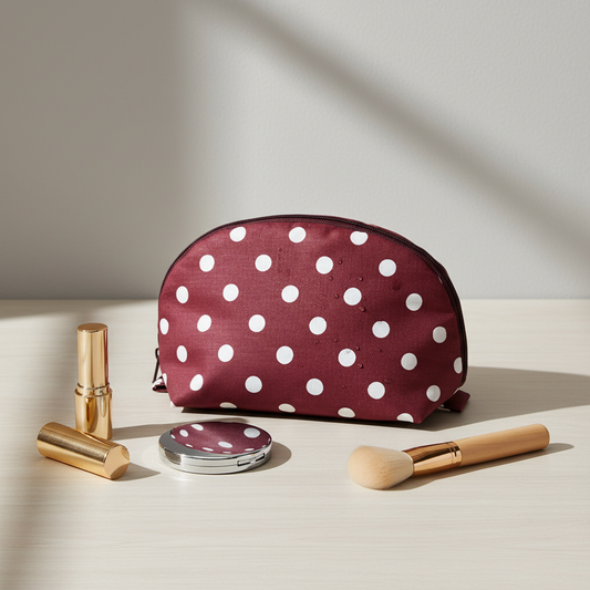 Stylet makeup pung i bordeaux med hvide prikker