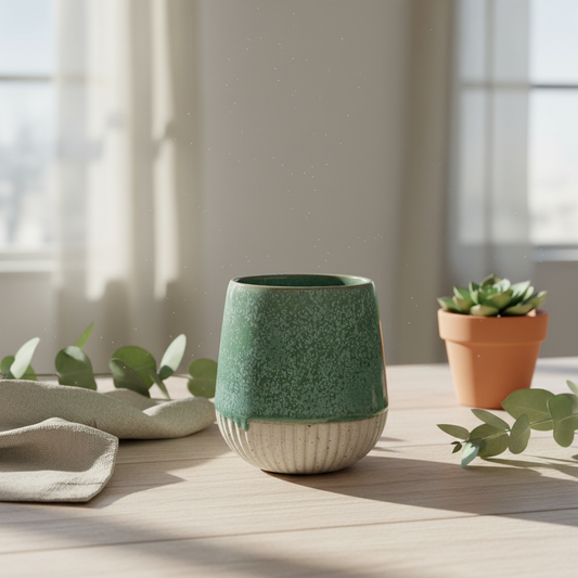 Stylet tumbler krus i grøn med naturlig nordisk scene