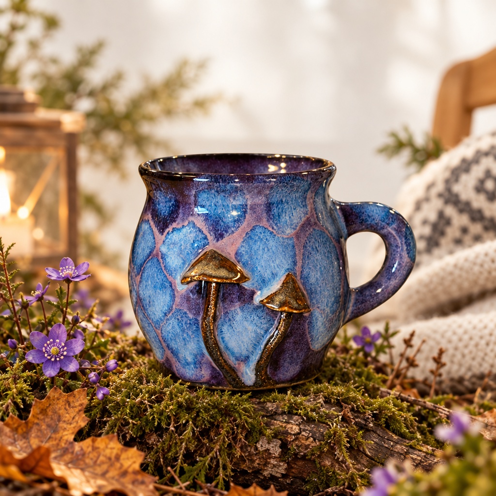 Svampekrus blå lilla mosaik guld RG Ceramic – lifestyle