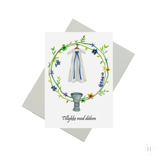 Dåbskort - krans med dåbskjole blå Mette Mains