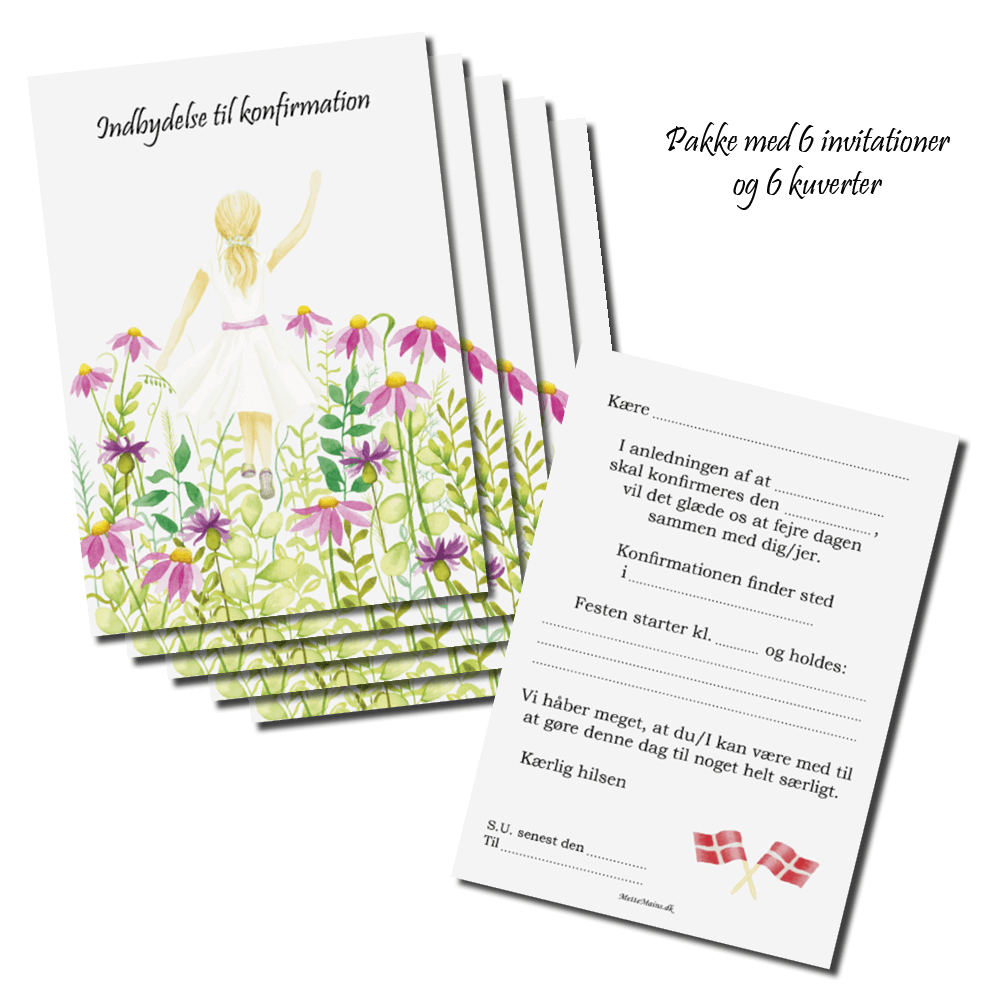 Konfirmations invitationer - pk med 6 stk Mette Mains