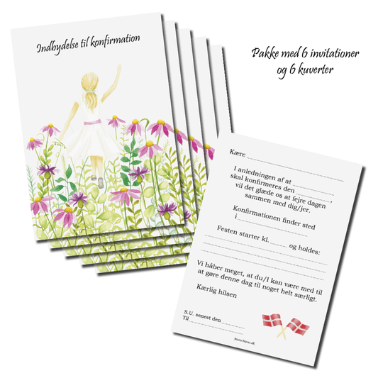 Konfirmations invitationer - pk med 6 stk Mette Mains