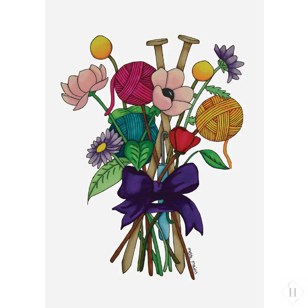 Håndtegnet buket - blomster og garn Mette Mains
