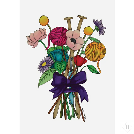 Håndtegnet buket - blomster og garn Mette Mains