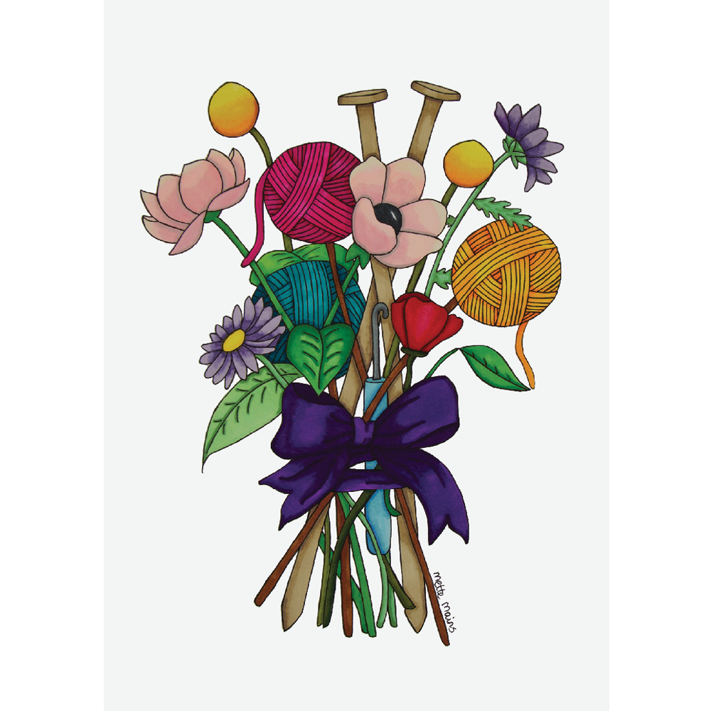 Håndtegnet buket - blomster og garn A5 Mette Mains
