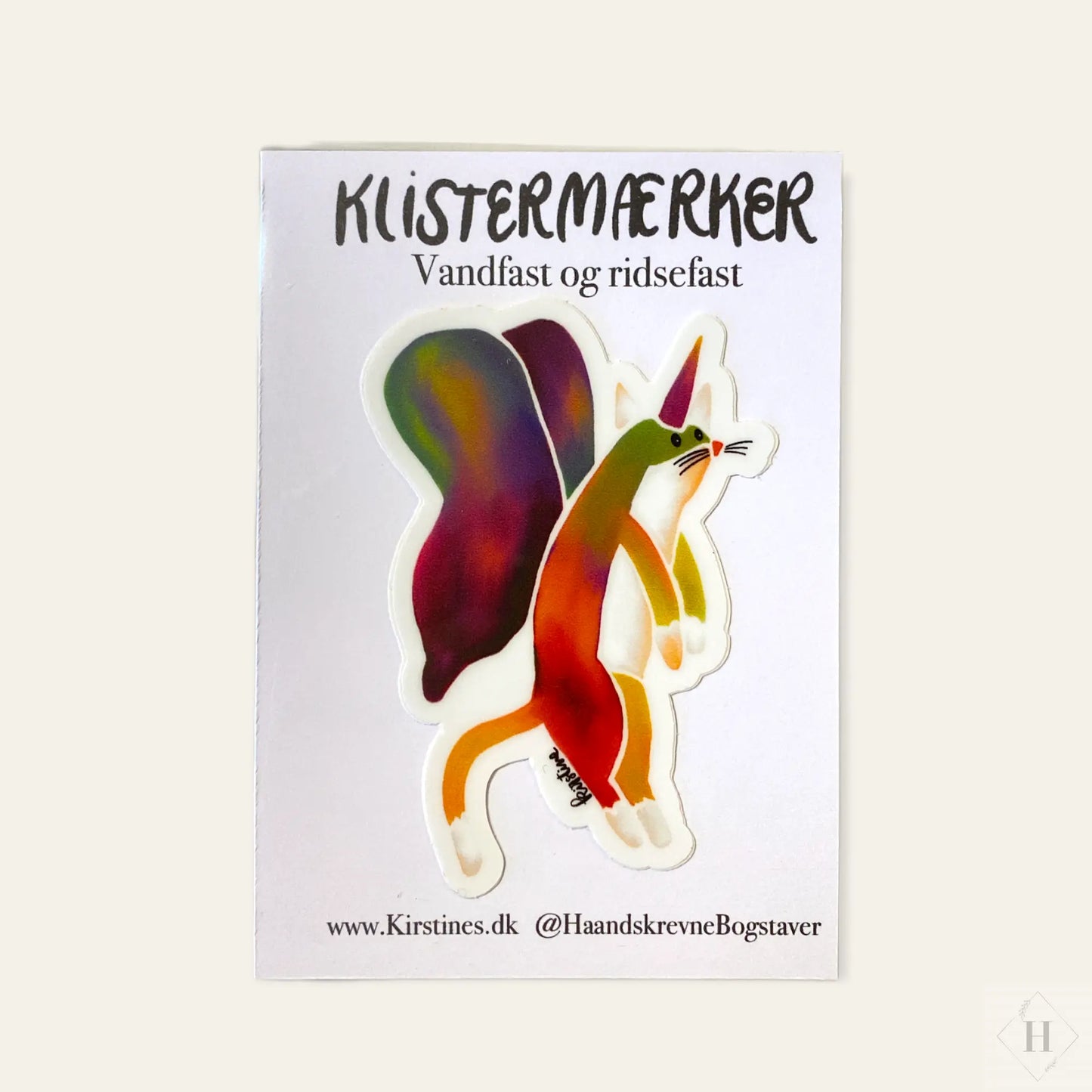 Klistermærke - regnbue kat Haandskrevne