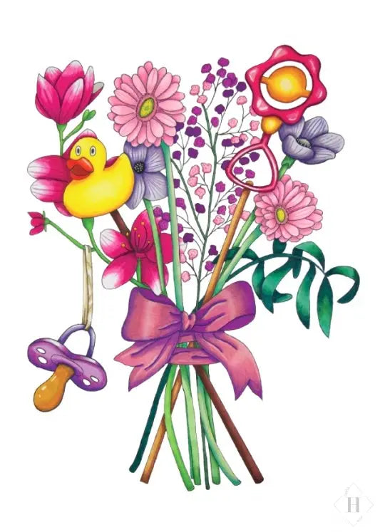 Barselsbuket - kort (lyserød eller lyseblå) Mette Mains