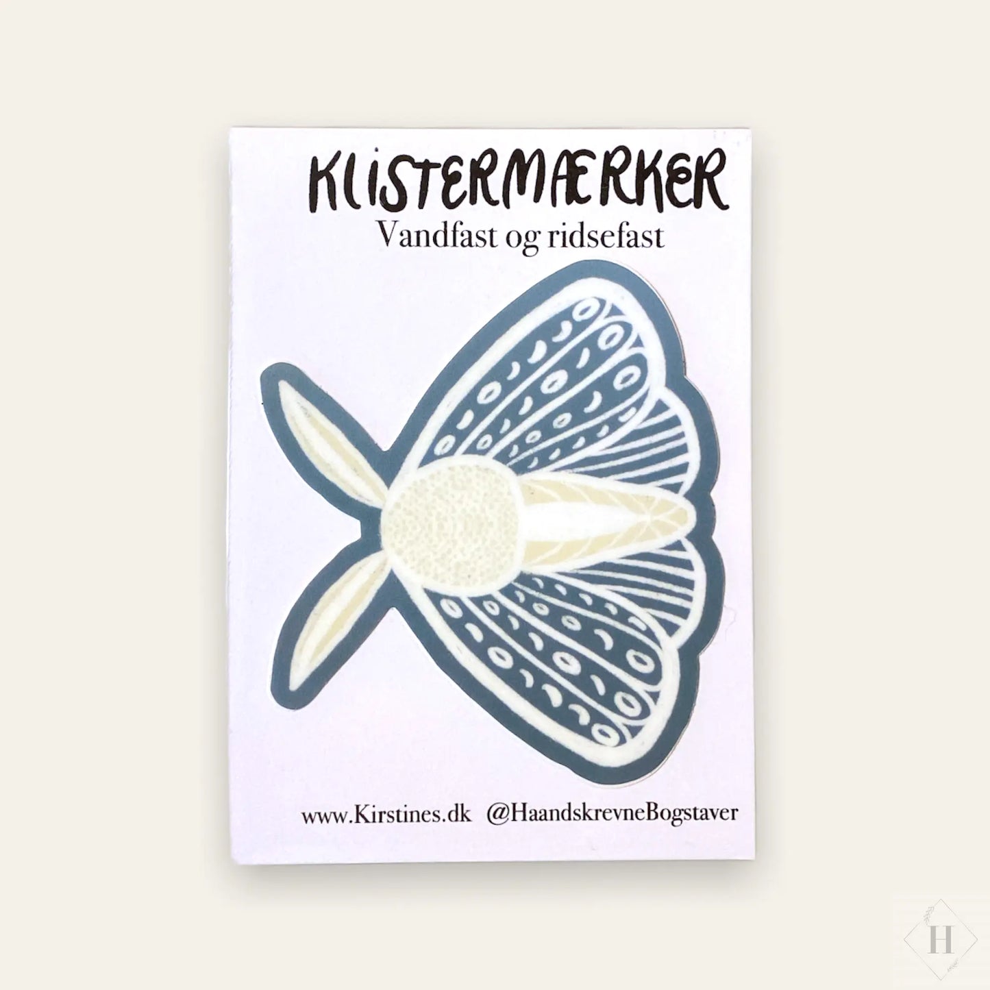 Klistermærke - støvblå møl Haandskrevne