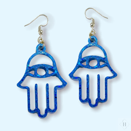 Hamsa øreringe i resin - blå Øjenguf