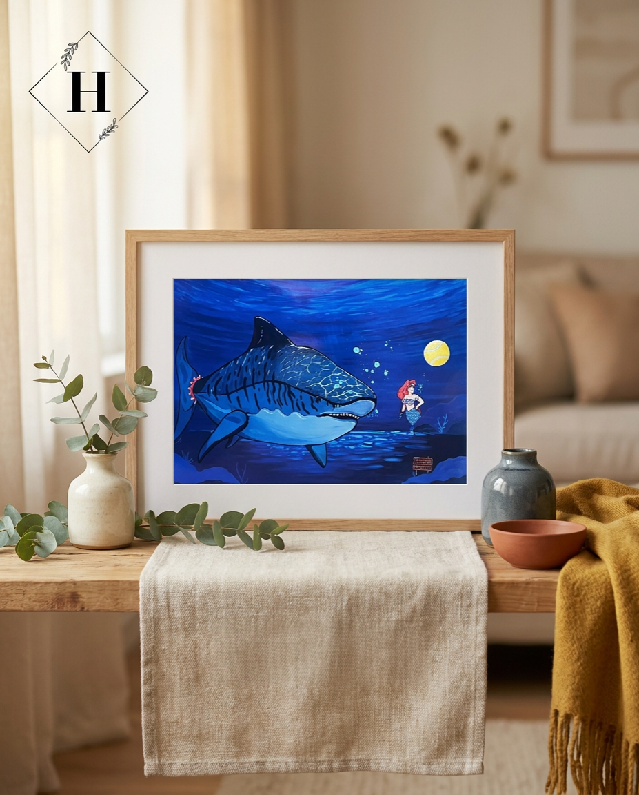 Kunstprint – “Hey Pluto” Havfrue & kæmpehaj | Caths in Space Art