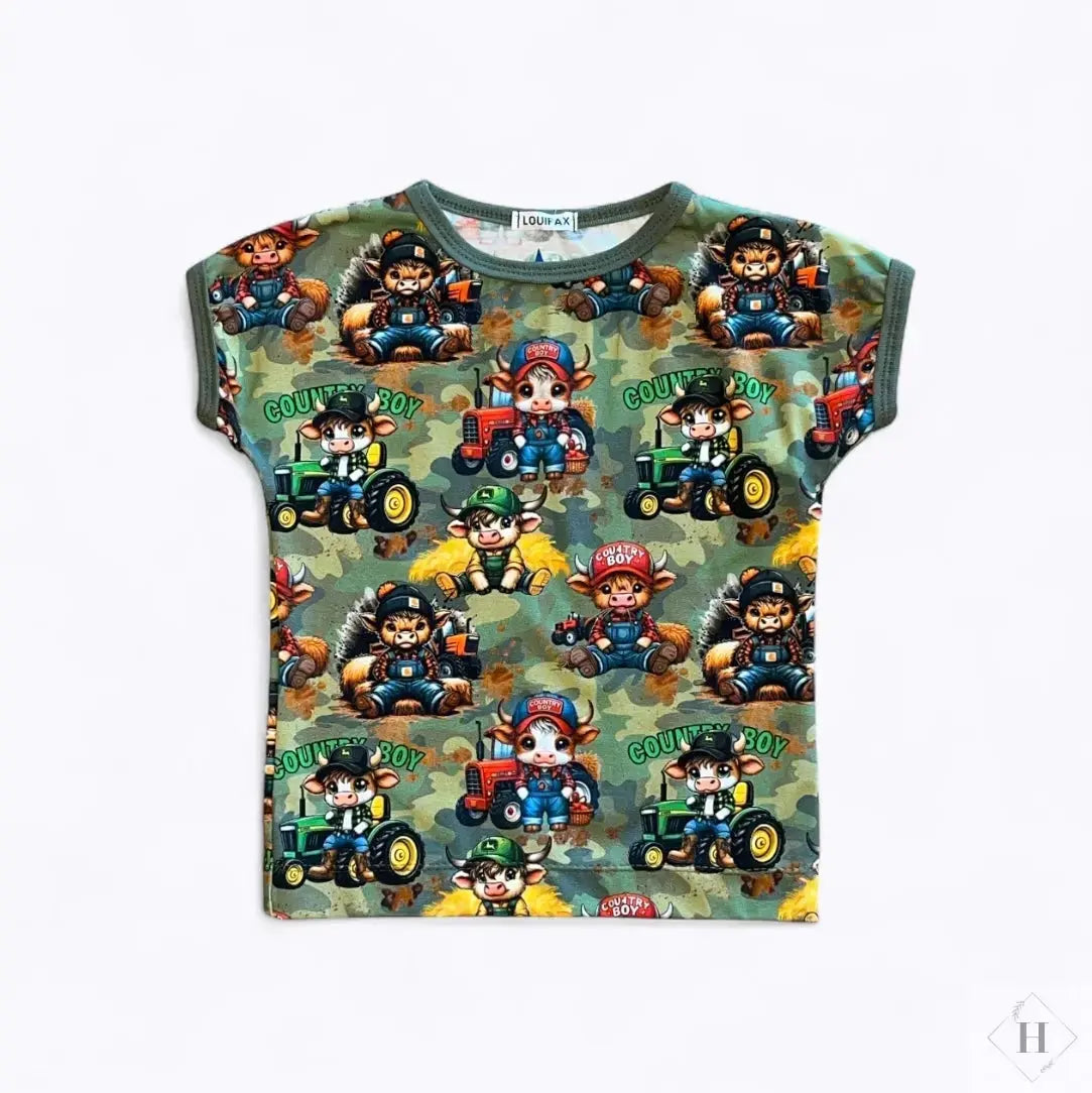 Håndlavet Børne T-shirt Str 98 - Blød Jersey med Landmands køer Louifax