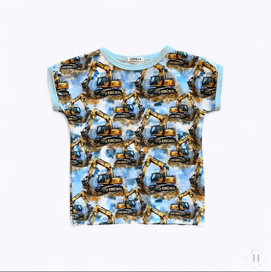 Håndlavet Børne T-shirt Str 98 - Blød Jersey med gravemaskiner Louifax