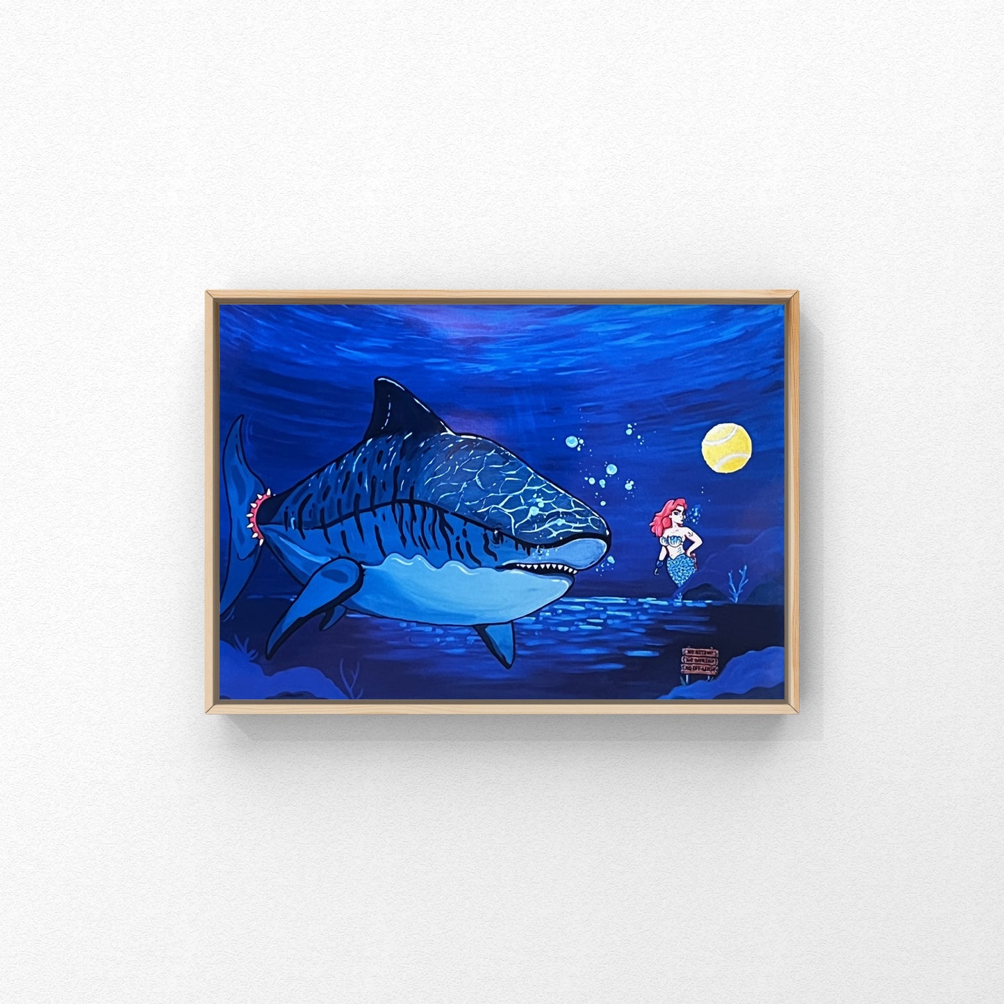 Kunstprint – “Hey Pluto” Havfrue & kæmpehaj | Caths in Space Art