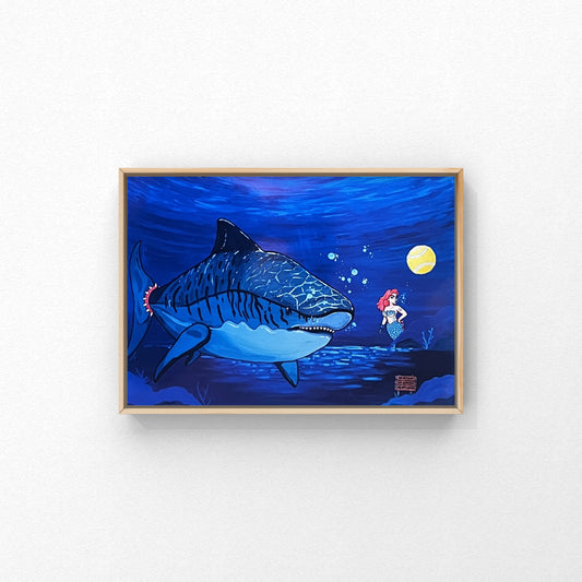 Kunstprint – “Hey Pluto” Havfrue & kæmpehaj | Caths in Space Art