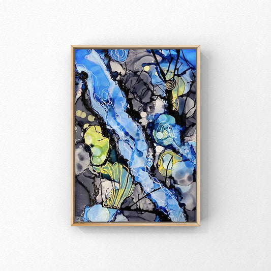 Alcohol Ink maleri på glittet papir – A5 | Fie Samson