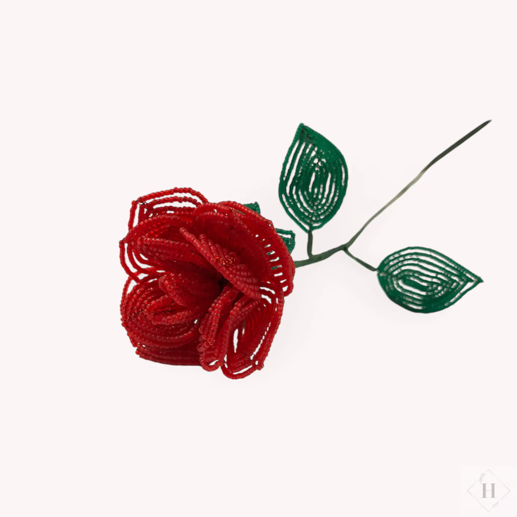 Håndlavet blomst i glasperler - langstilket rose Kaimers krea