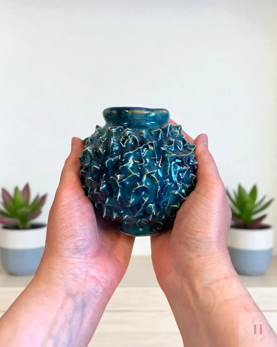 Kaktus vase - petroleum Hav-Mose-Fjord Keramik af kunsthåndværker Susanne Talbot