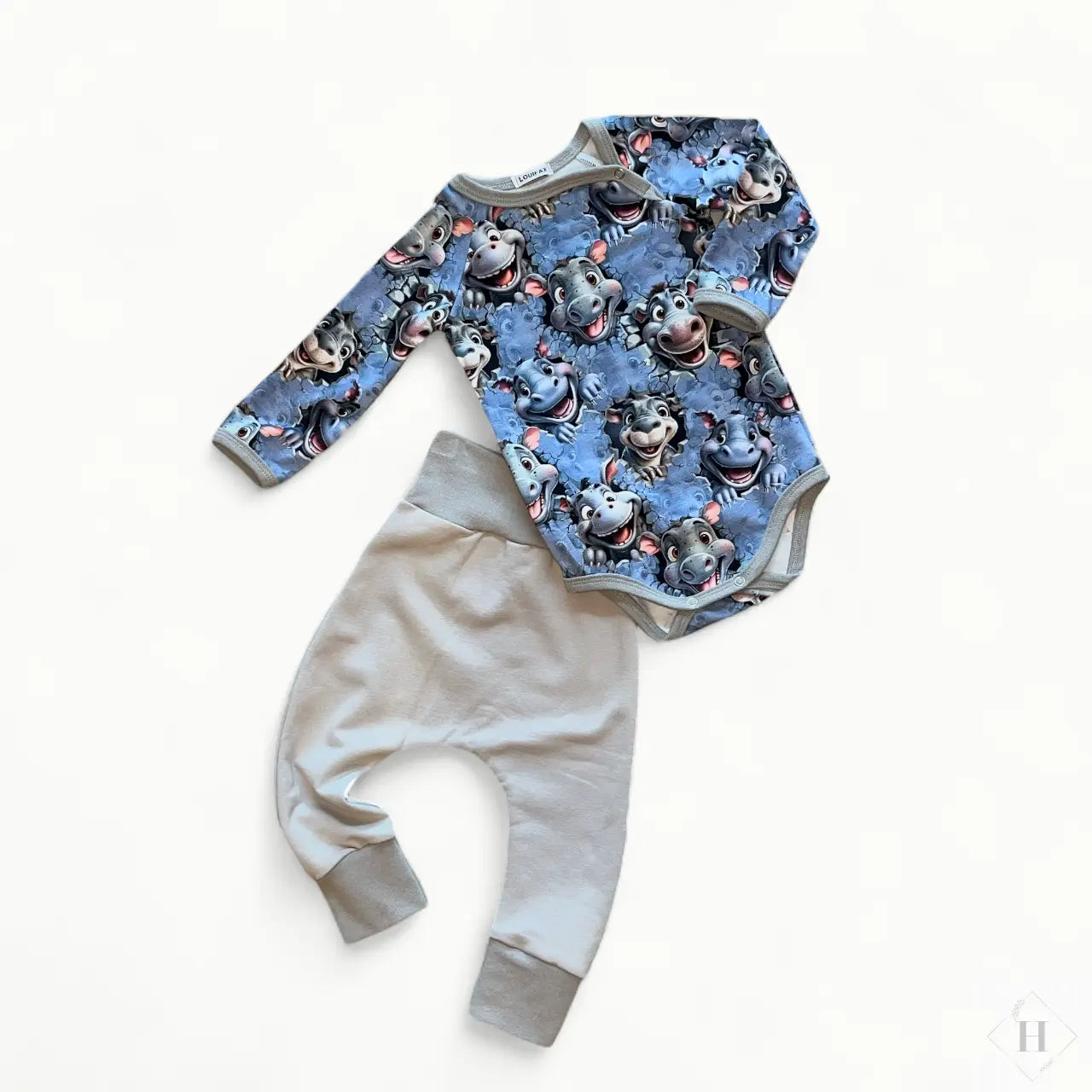 Håndlavet Baby Body og Bukser Str 74 - Blødt Jersey Sæt med flodhest motiv Louifax