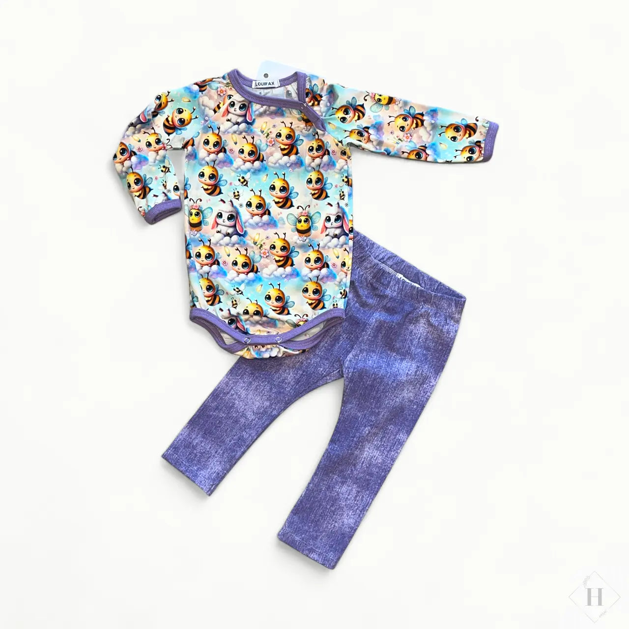 Håndlavet Baby Body og Bukser Str 74 - Blødt Jersey Sæt med bi motiv Louifax