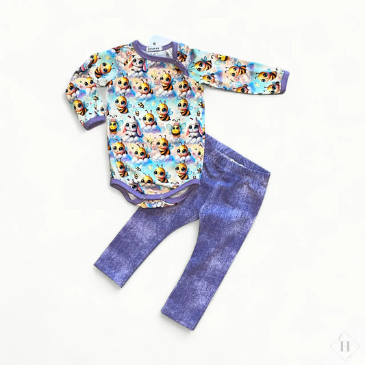 Håndlavet Baby Body og Bukser Str 74 - Blødt Jersey Sæt med bi motiv Louifax