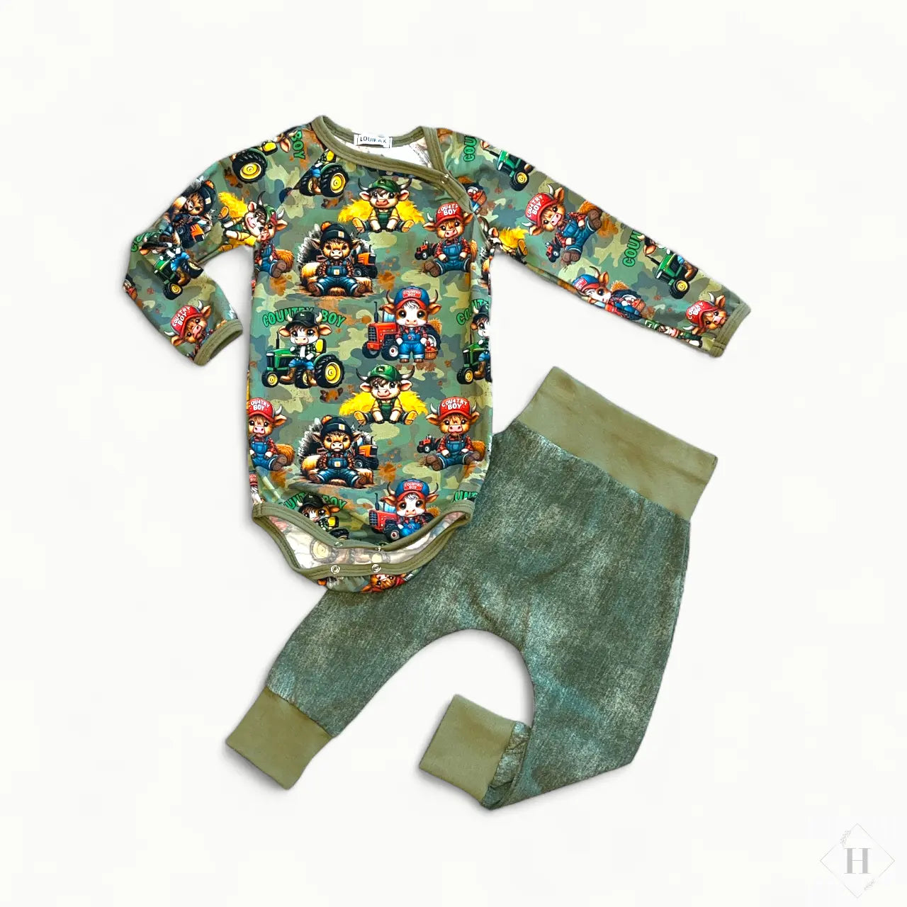 Håndlavet Baby Body og Bukser Str 86 - Blødt Jersey Sæt med bondemands køer. Louifax