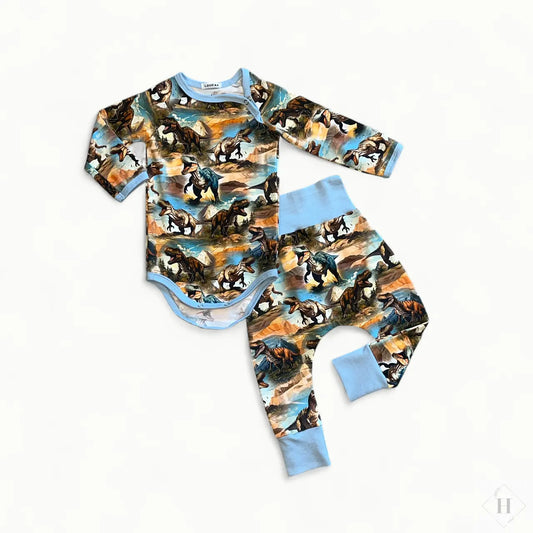 Håndlavet Baby Body og Bukser Str 80 - Blødt Jersey Sæt med t-rex dino. Louifax