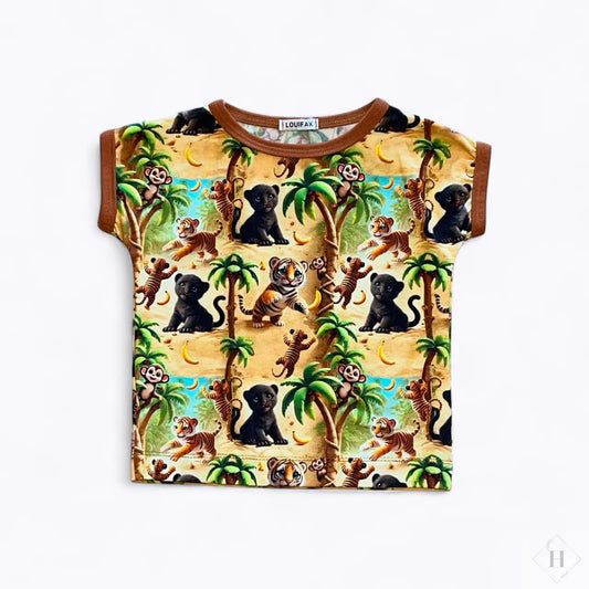 Håndlavet Børne T-shirt Str 92 - Blød Jersey med baby Safari motiv Louifax